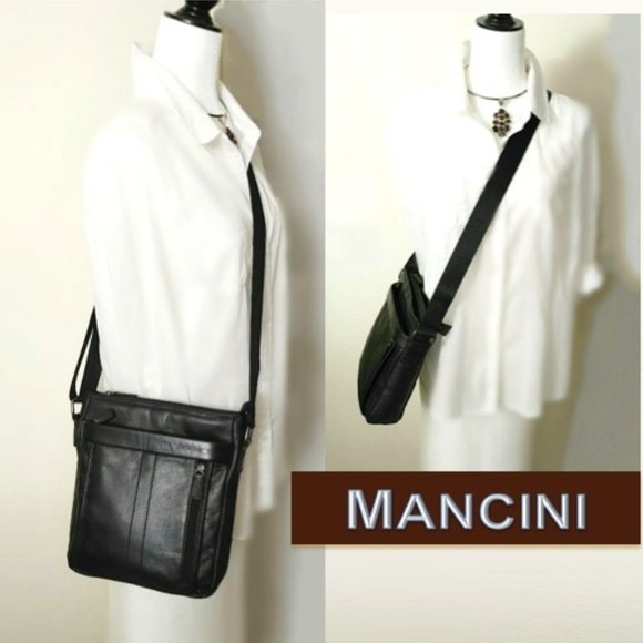 MANCINI Unisex Black Leather Vertical Messenger Bag Padded Shoulder Crossbody - Picture 2 of 12